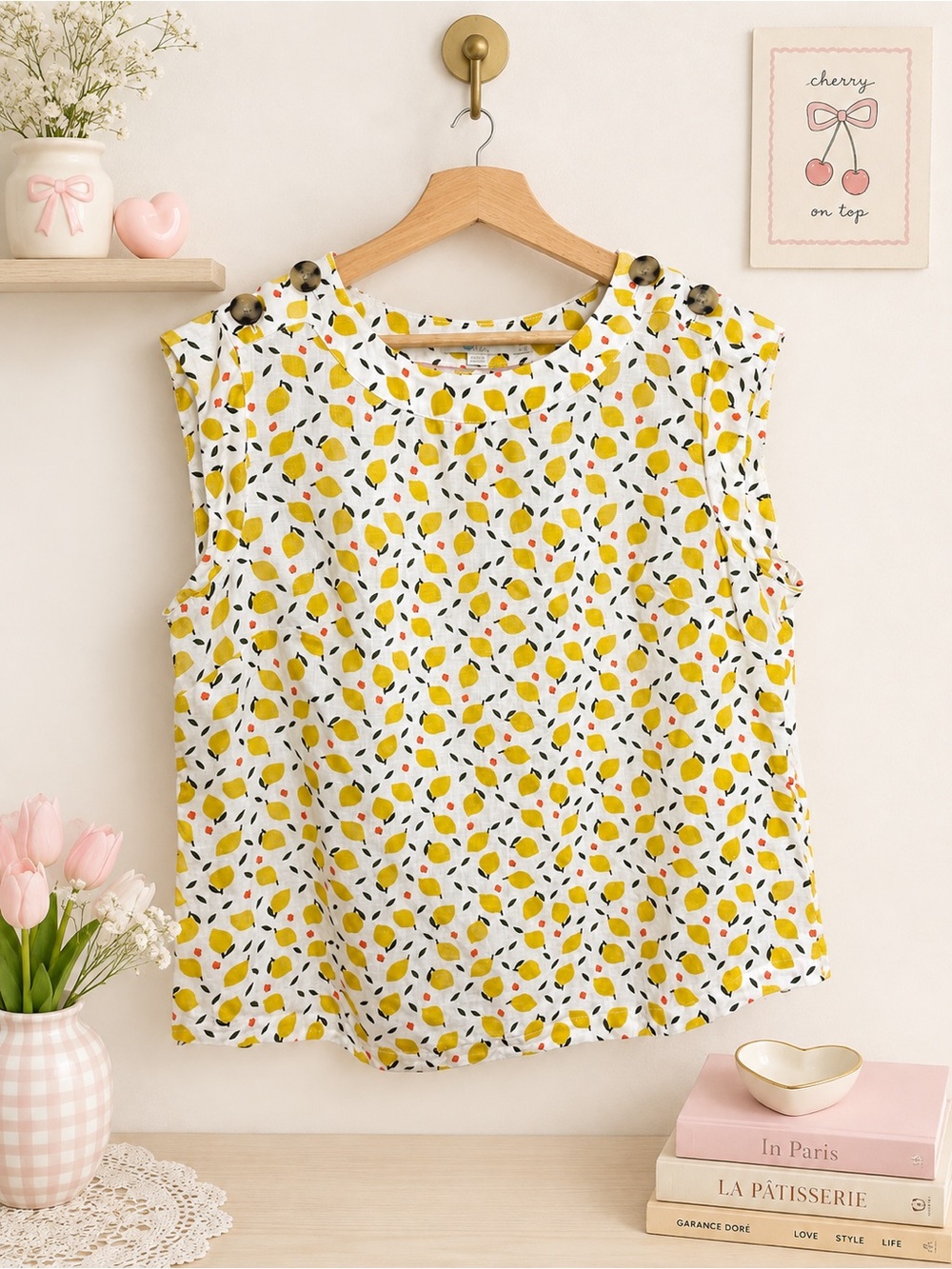 Boden Lemon Print 100% Linen Button Shoulder Top US 8R